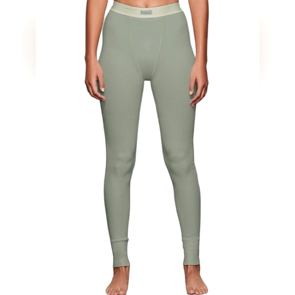 Skims Stretch Cotton Rib Knit Thermal Leggings in Mineral Green Size Large - Picture 1 of 11